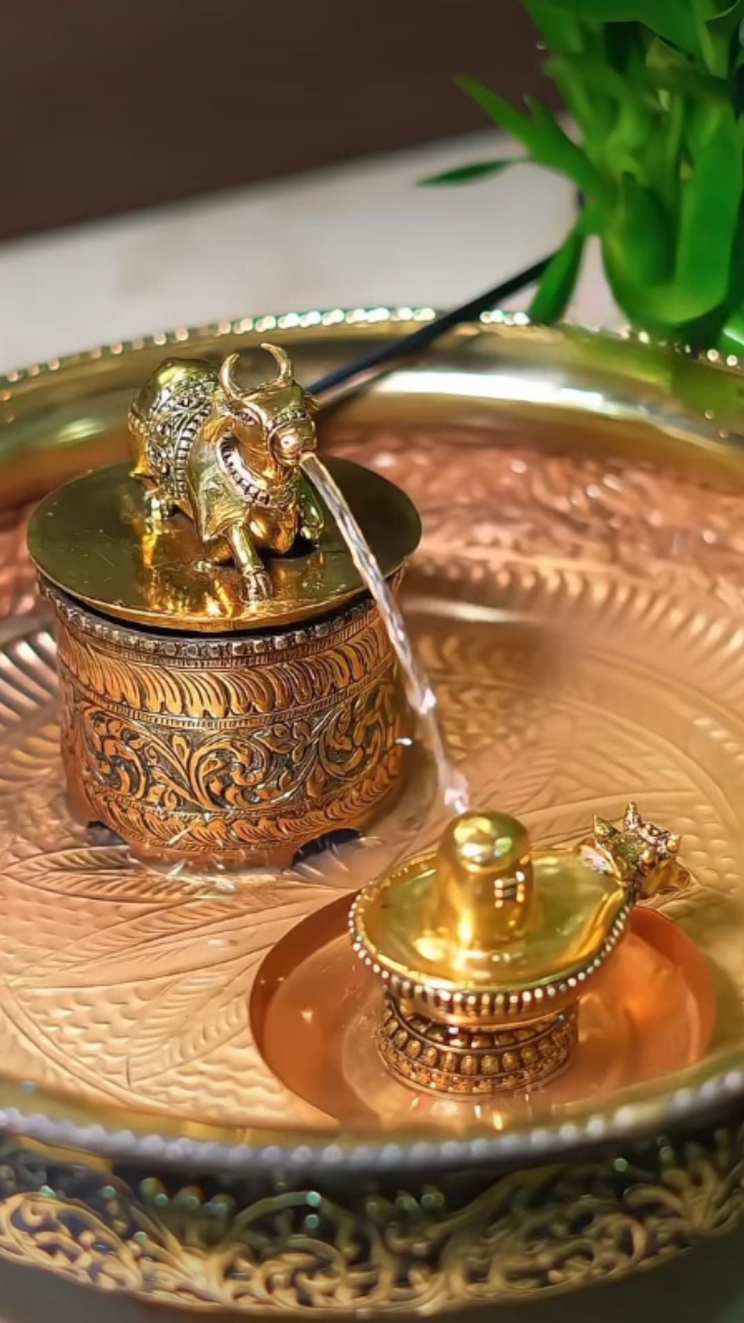 Handcrafted Pure golden & Silver Nandhi Abhishekam Urli Water Fountain with Shivling